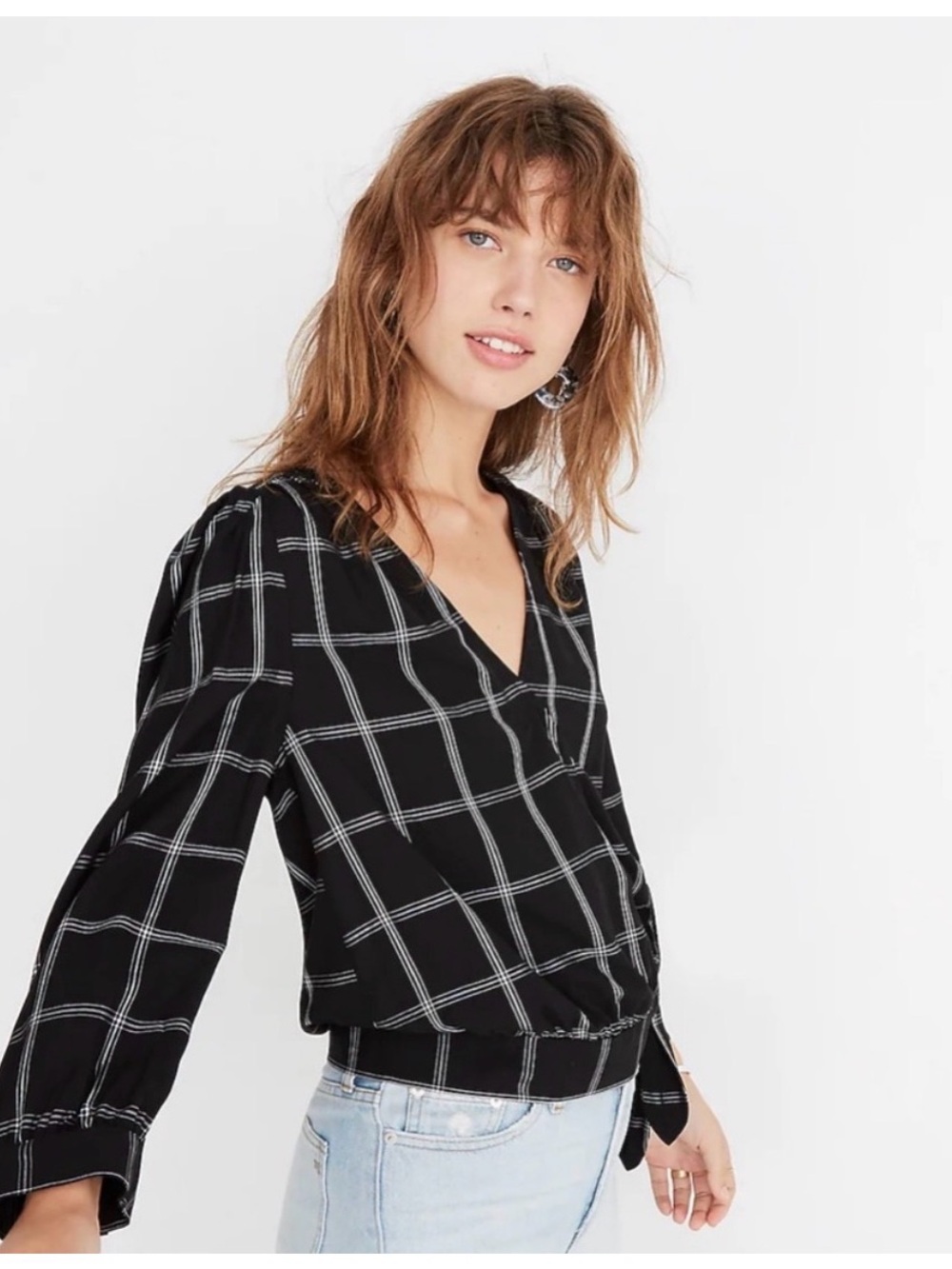 MADEWELL Wrap Top in Plaid Window Pane Check Tie Front Blouse Size S